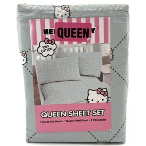 Hello Kitty Queeny Queen Sheet Set 100% Cotton 1 Flat 1 Fitted 2 Pillowcases Gra